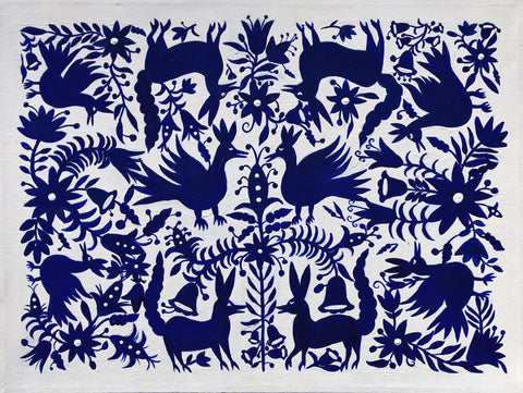 Mexican Otomi Tenango Pattern Hand Painted on Canvas - Navy Blue