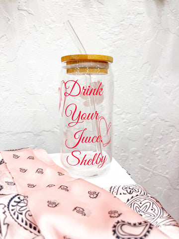 Drink Your Juice, Shelby - Steel Magnolias Glass Can with Glass Straw and Bamboo Lid