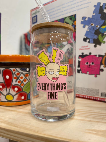 Cynthia - 16oz Glass Can with Bamboo Lis and Glass Starw- Rugrats - Everything's Fine - Sticker - 90s - Retro